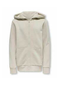 Felpa leggera beige con zip, realizzata in morbido misto cotone, presenta una zip frontale, tasche a marsupio e polsini a costine.