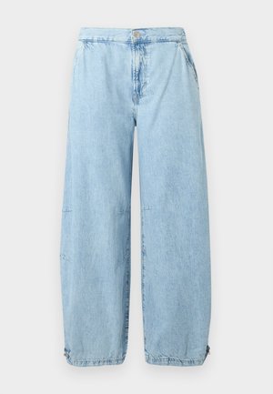 Ανοιχτό μπλε τζιν παντελόνι με φαρδιά μπατζάκια, κλείσιμο με κουμπί και φερμουάρ, πλαϊνές τσέπες και ρυθμιζόμενα κορδόνια στους αστραγάλους.