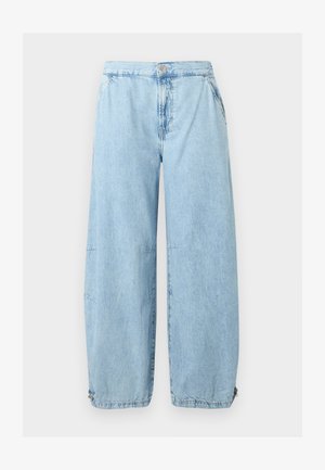 Lyseblå vide jeans i denim med knapp og glidelåslukking, sidelommer og justerbare snorer ved anklene.