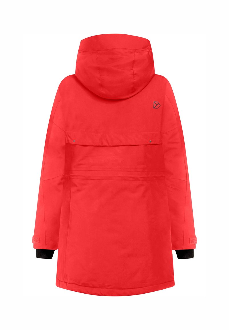 Chaqueta de invierno roja brillante con capucha, de mangas largas, con correas ajustables en las muñecas y un pequeño logo negro en la parte superior derecha de la espalda.