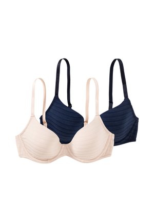 Due reggiseni a coste, uno beige e uno blu scuro, mostrati frontalmente con spalline regolabili su sfondo bianco.
