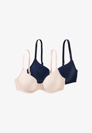 Zwei gerippte BHs, einer beige und einer dunkelblau, vorne gezeigt mit verstellbaren Trägern vor weißem Hintergrund.