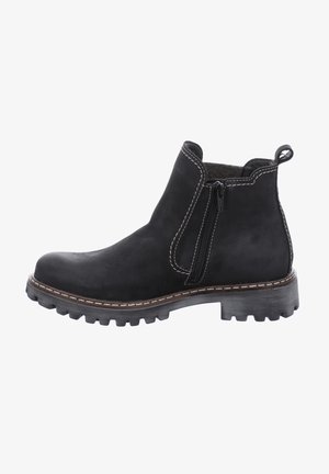 Schwarze Wildleder-Stiefeletten mit Reißverschluss, Gummisohle, kontrastierenden weißen Nähten und einer strukturierten Oberfläche. Mit einem Fersenlasche für ein einfaches An- und Ausziehen.
