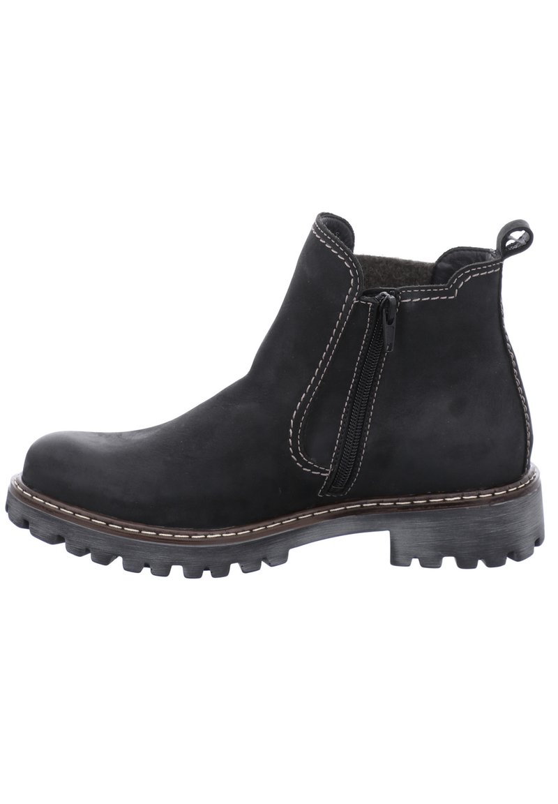 Botines de ante negro con cierre de cremallera, suela de goma, costuras blancas en contraste y parte superior texturizada. Cuenta con una pestaña en el talón para facilitar su uso.