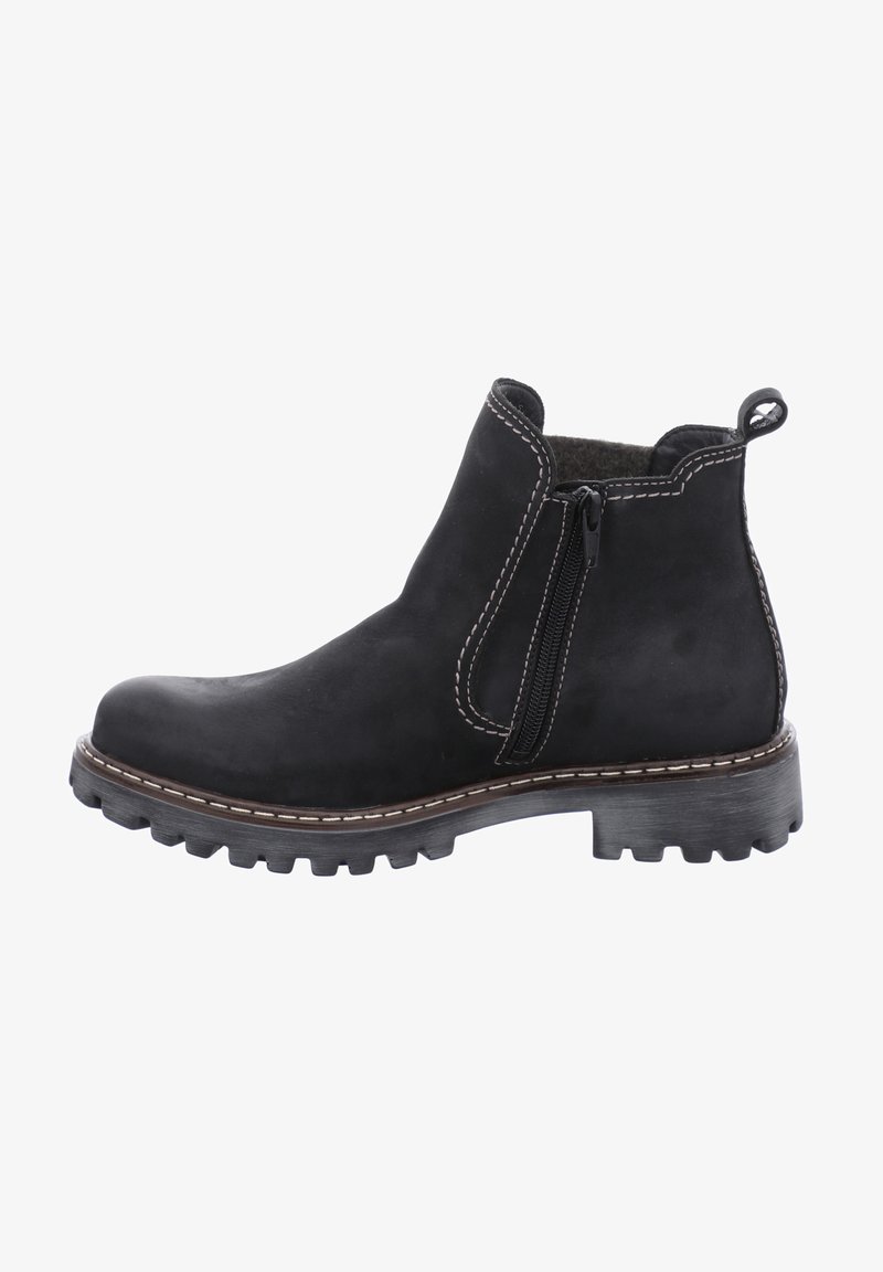 Bottines en daim noir avec fermeture éclair, semelle en caoutchouc, coutures blanches contrastantes et dessus texturé. Comprend une languette au talon pour un enfilage facile.