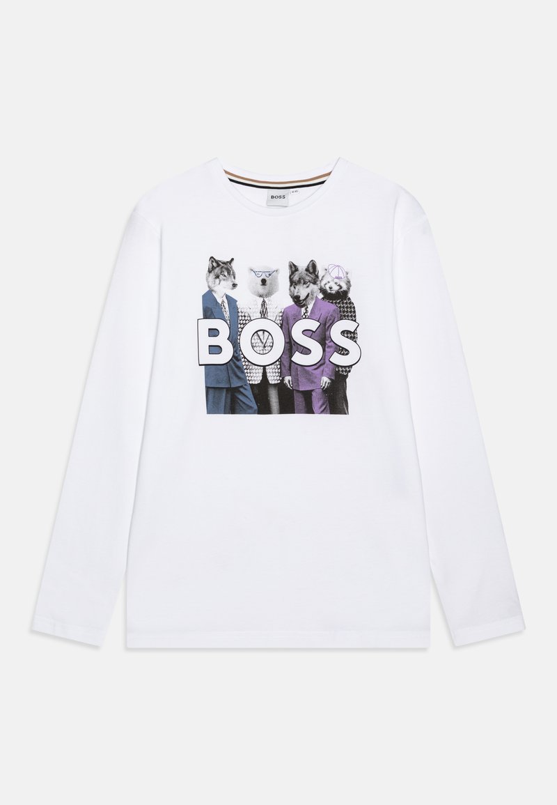 T-shirt blanc à manches longues avec un graphique d'animaux en costumes et le texte "BOSS" en gras. Conception à col rond et coupe décontractée.
