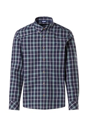 Herren Langarmhemd mit Knopfleiste in Navy-Karo mit grünen und weißen Akzenten. Verfügt über einen klassischen Kragen und braune Knöpfe auf der Vorderseite.