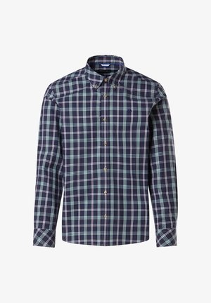 Herren Langarmhemd mit Knopfleiste in Navy-Karo mit grünen und weißen Akzenten. Verfügt über einen klassischen Kragen und braune Knöpfe auf der Vorderseite.