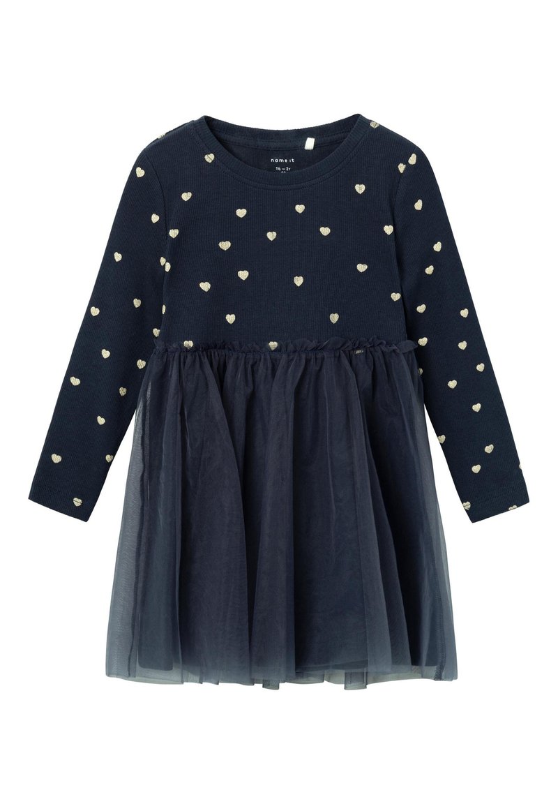 Abito lungo a maniche con motivo a cuori dorati sulla parte superiore e una gonna in tulle blu navy a strati, con una vita arricciata.