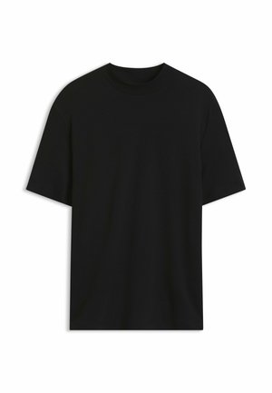 Simpel sort t-shirt med korte ærmer og rund hals vist på en hvid baggrund uden synlige logoer eller designs.