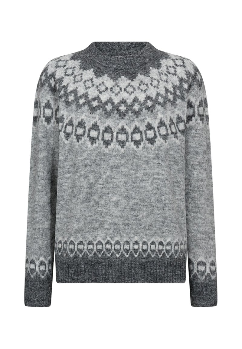 Grå stickad tröja med ett mönster i olika nyanser av grått, rund halsringning och långa ärmar.
