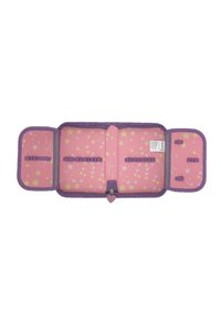 Custodia con zipper rosa e viola decorata con motivi a stella; presenta diverse cinghie elastiche interne per organizzare gli oggetti; texture morbida, materiali resistenti.