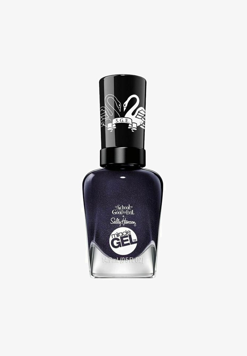 Violetti kynsilakka lasipullossa, jossa on musta korkki, jossa on valkoisia joutsenia ja tekstiä. Sisältää 14,7 mL geelimäistä koostumusta.