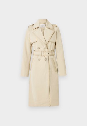 Bēšs tranšēta mētelis ar jostu viduklī, dubultā rindu aizdare, ar atloku izgriezumiem un priekšējām kabatām. Izgatavots no gludas auduma.