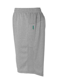 Grijze sportshorts met elastische tailleband, textuurstof, zijzak en een klein groen logo. Knie-lange ontwerp voor comfort.