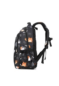 Zwarte rugzak met een kattenpatroon in oranje en wit. Kenmerken zijn verstelbare schouderbanden, twee met rits afgesloten vakken en een gevoerd achterkant.