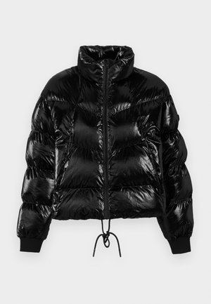Black puffer jacket with shiny, quilted material, high collar, front zipper, and drawstring hem. Features ribbed cuffs for a snug fit.