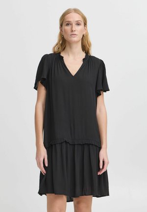 Black dress with a V-neck, short flutter sleeves, and a tiered ruffled hem. Made of lightweight fabric with a soft texture.