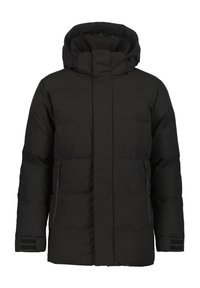 Chaqueta acolchada negra con cuello alto y capucha desmontable; presenta bolsillos con cremallera y puños ajustables con detalles de Velcro.
