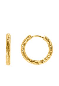 Orecchini a cerchio d'oro con una finitura testurizzata e martellata. Forma circolare con un interno liscio e un gancio sicuro per la chiusura.