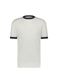 Cream short-sleeve t-shirt with black ribbed collar and cuffs. Smooth texture, round neckline, classic fit. No patterns or additional details.