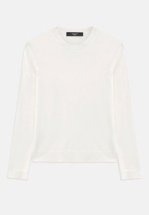 White long-sleeve sweater made of soft knit fabric. Features a round neckline, ribbed cuffs, and hem. Seamless design without patterns.