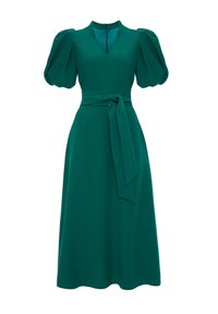 Turkusowa midi sukienka z bufiastymi rękawami, dekoltem w serek i paskiem w talii. Wykonana z gładkiego materiału, z ukrytym zamkiem z tyłu i rozkloszowaną spódnicą.