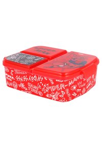 Lunchbox rossa con grafiche di Spider-Man, finitura in plastica liscia e interno suddiviso con un coperchio nero decorato con elementi di design bianchi.