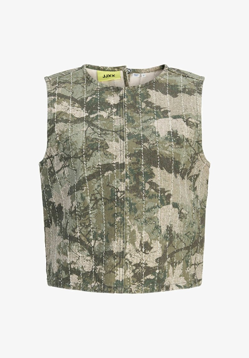 Varrukateta jakk rohe-rohelise ja beežika kamuflaažimustriga, vertikaalsete valgete õmblusjoontega ja ees tõmblukuga sulguv.