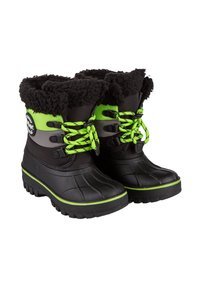 Czarne wodoodporne zimowe buty z futrzanym kołnierzem, limonkowymi akcentami i wzorzystymi czarnymi sznurowadłami. Gumowa podeszwa z rowkami zapewniającymi przyczepność.