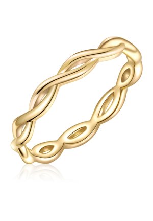 Gold-tone band ring with an intertwining design, featuring oval cutouts along the surface. Smooth texture and polished finish.