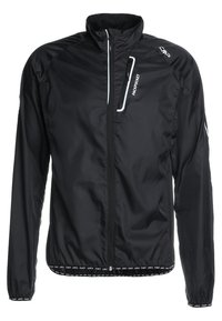 Veste légère noire, dotée d'un col montant, d'une fermeture éclair sur le devant et d'une taille élastiquée. Logo blanc notable et accents réfléchissants.