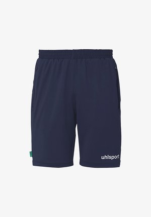 Marine athletic shorts lavet af letvægtsstof med elastisk talje, to sidelommer og et hvidt logo print på underbenet.