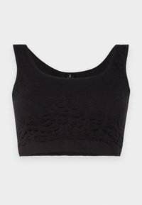 Black bralette featuring a textured animal print design, wide straps, and a scoop neckline. Made from soft, stretchy fabric.