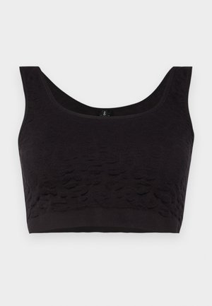 Čierna braletka s textúrovaným zvieracím vzorom, širokými ramienkami a výstrihom do kruhu. Vyrobená z jemného, elastického materiálu.