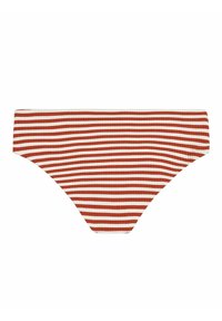 Rood en crèmekleurige gestreepte bikini-bovenstuk gemaakt van ribstof. Heeft een low-rise ontwerp met een zachte textuur en medium bedekking.