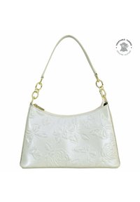 Weißer Lederhandtasche mit geprägten Blumen- und Schmetterlingsmustern, mit einem gewölbten Oberteil und goldfarbenen Hardware-Details.