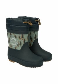 Gumi esőcsizma texturált sötétszürke talppal és zöld állatmintás, rugalmas felsőrészsel. Cipzár záródással és márkajelzéssel rendelkező.
