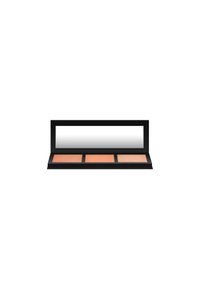 Black rectangular palette with three peach-toned powders, featuring a reflective mirror on the top. Smooth texture, compact design.