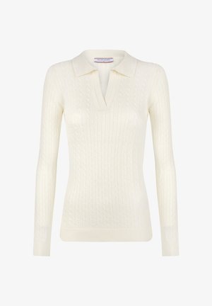 Cremefarbener Strickpullover mit Zopfmuster, langen Ärmeln und Kragen. Verfügt über einen V-Ausschnitt und gerippte Saumdetails.