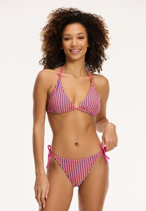 Bikini set with a pink, purple, and blue striped pattern. Top features triangle cups and knot ties; bottom includes adjustable side ties.