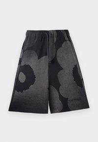 Pantaloni corti neri realizzati in tessuto morbido, con un grande motivo floreale in tonalità di grigio, dotati di vita elasticizzata e chiusura con cordoncino.