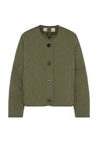 Olivgrüner gesteppter Mantel mit runder Ausschnittkante, langen Ärmeln, Frontknöpfen und dezentem Rautenmuster.