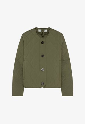 Olive green quilted jacket with round neckline, long sleeves, front buttons, and subtle diamond stitching pattern.