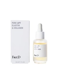Bottiglia contagocce di vetro con siero giallo chiaro, etichetta bianca con scritto "PURE LIFT ELASTIN & COLLAGEN," accanto a una scatola bianca semplice.