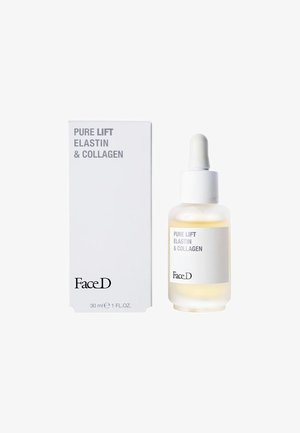 Glaspipettenflasche mit leicht gelbem Serum, weißes Etikett mit der Aufschrift "PURE LIFT ELASTIN & COLLAGEN", neben einer schlichten weißen Schachtel.