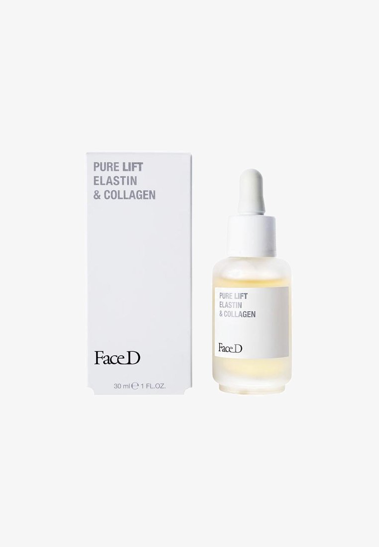 Bottiglia contagocce di vetro con siero giallo chiaro, etichetta bianca con scritto "PURE LIFT ELASTIN & COLLAGEN," accanto a una scatola bianca semplice.