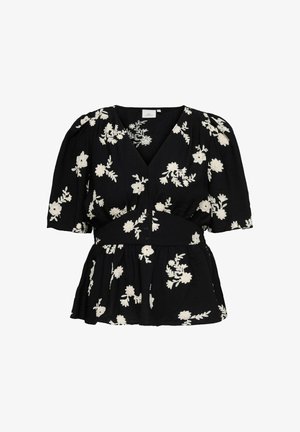 Schwarze Bluse mit weißer Blumenstickerei, V-Ausschnitt, gepufften kurzen Ärmeln, tailliert und mit Peplum-Saum sowie Knopfdetails.