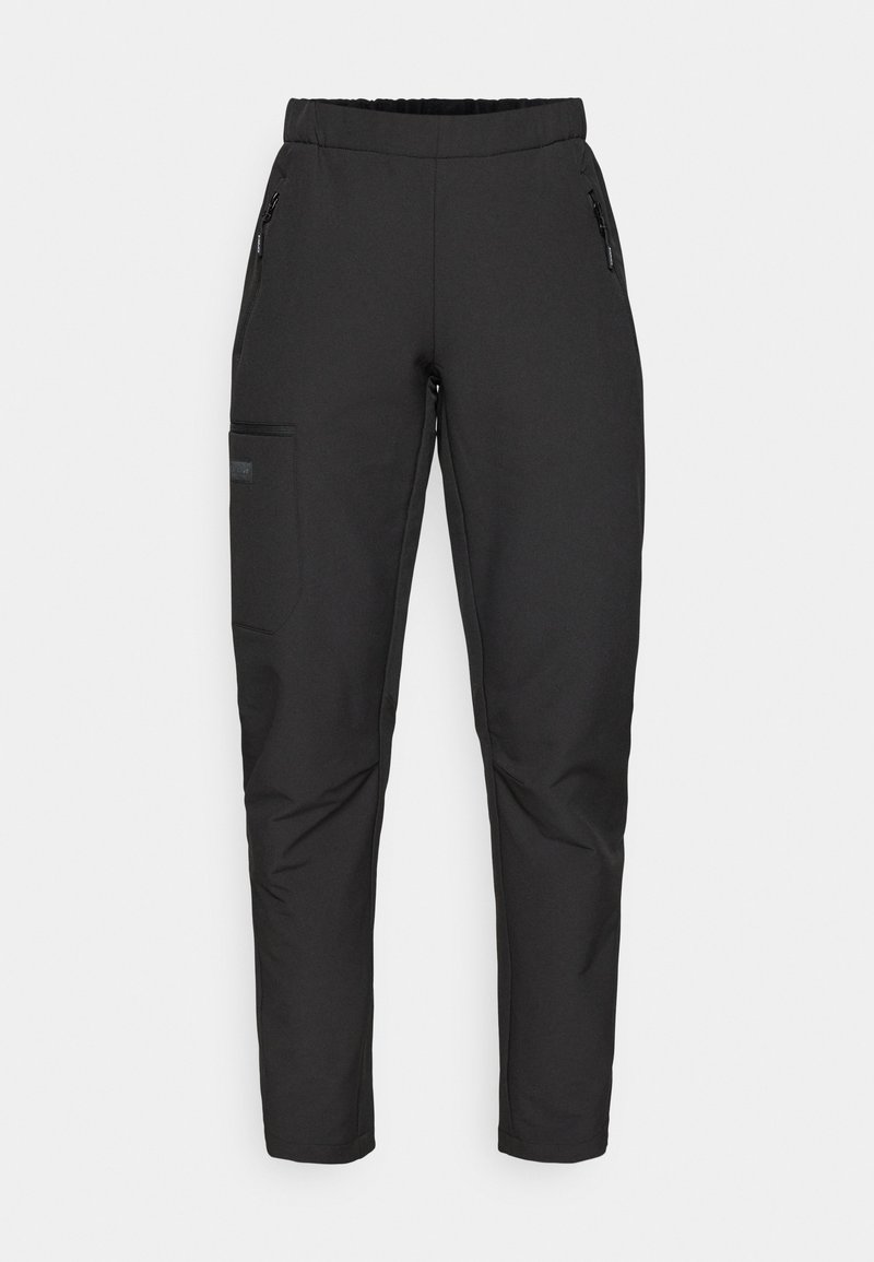 Pantalons de sport noirs en tissu doux, dotés d'une taille élastique, de poches latérales zippées et d'une poche cargo sur la jambe gauche.