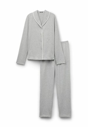 Completo pigiama grigio realizzato in tessuto morbido; presenta una camicia con bottoni e colletto a punta e pantaloni abbinati con vita elastica.